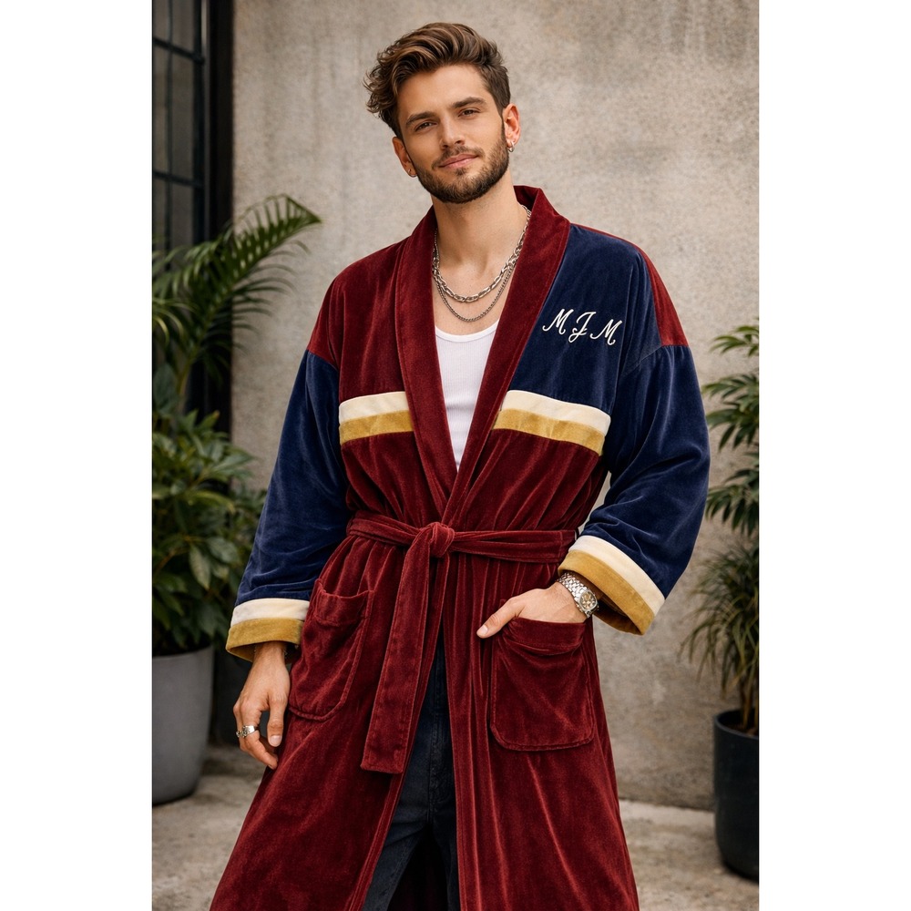 Christian Dior Monsieur Velour Robe Burgundy‎ Blue Colorblock Monogram One Size